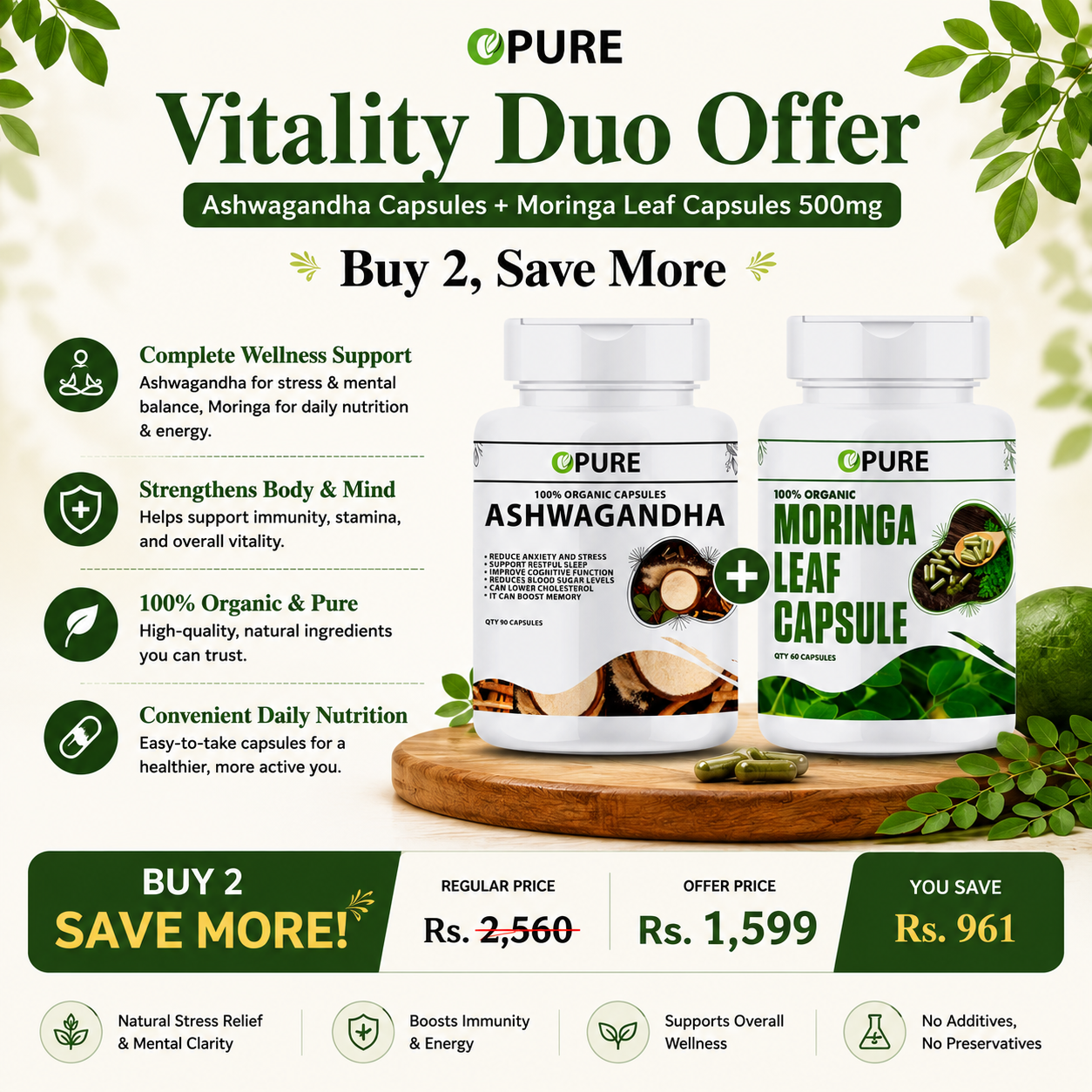 Vitality Duo Offer – Ashwagandha Capsules + Moringa Leaf Capsules 500mg | Buy 2, Save More