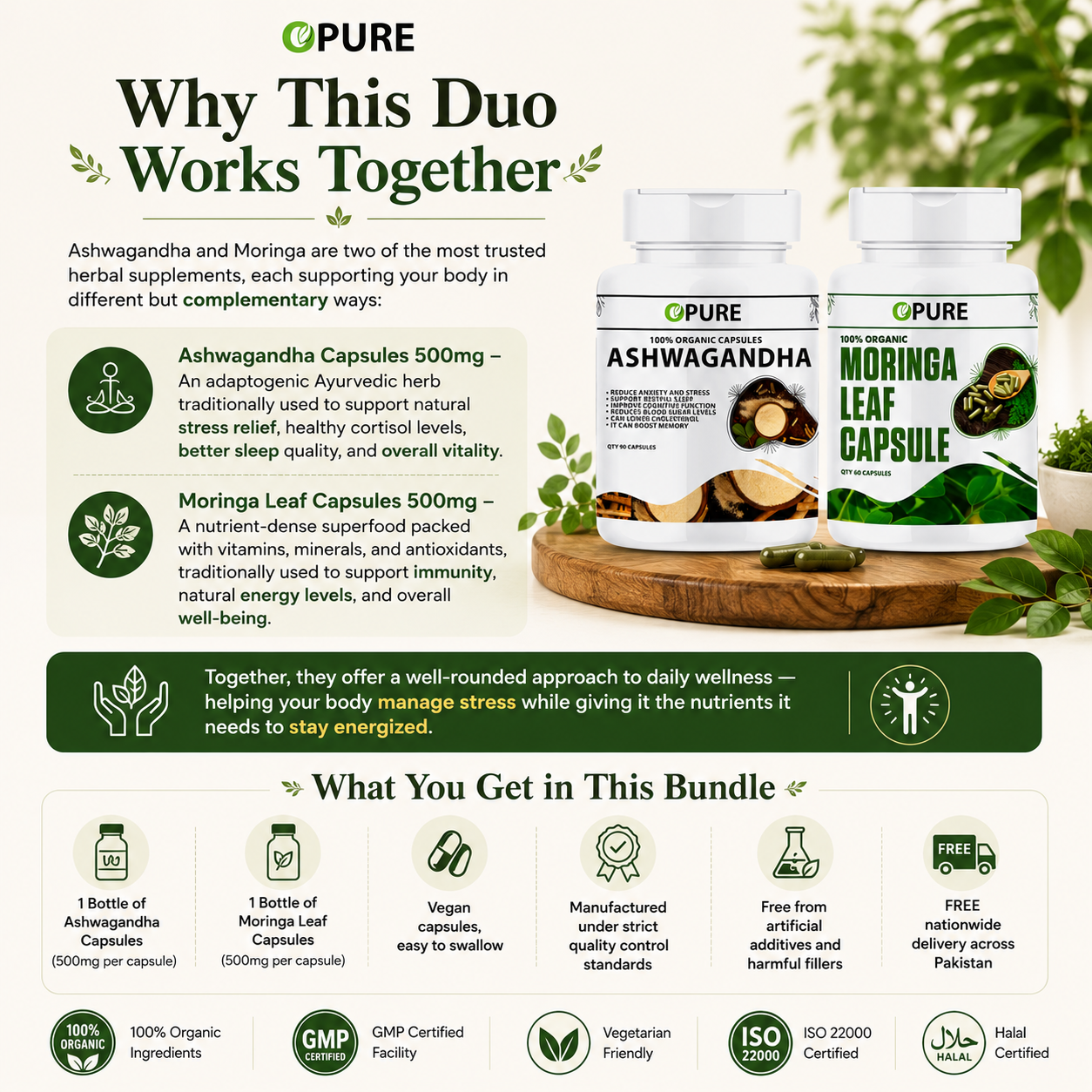 Vitality Duo Offer – Ashwagandha Capsules + Moringa Leaf Capsules 500mg | Buy 2, Save More
