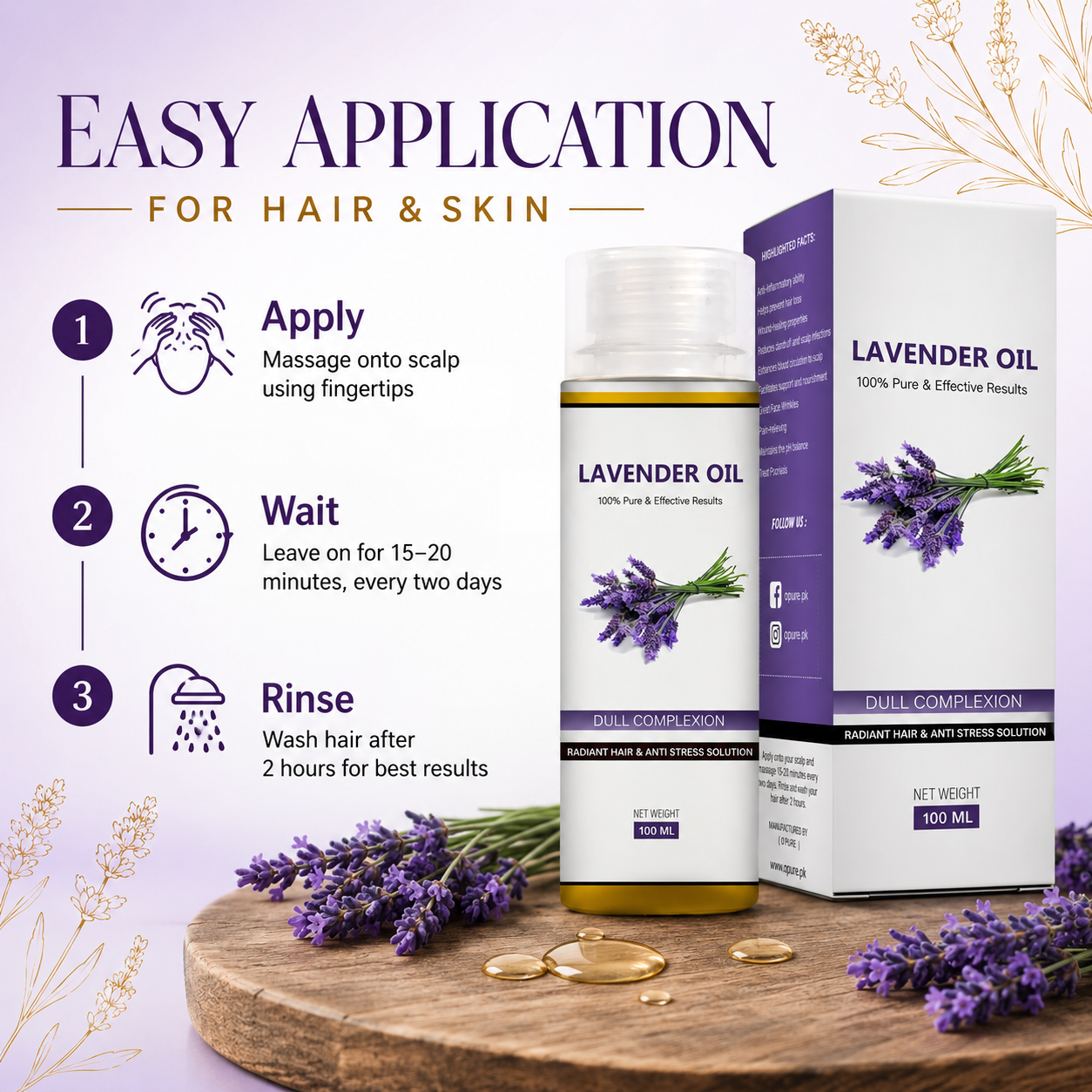 Opure Lavender Oil – 100% Pure Essential Oil for Radiant Hair, Skin & Anti-Stress Relief (100ML)