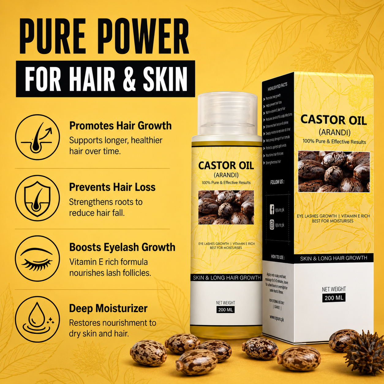Opure Castor Oil (Arandi) – 100% Pure & Effective for Skin & Long Hair Growth (200ML)
