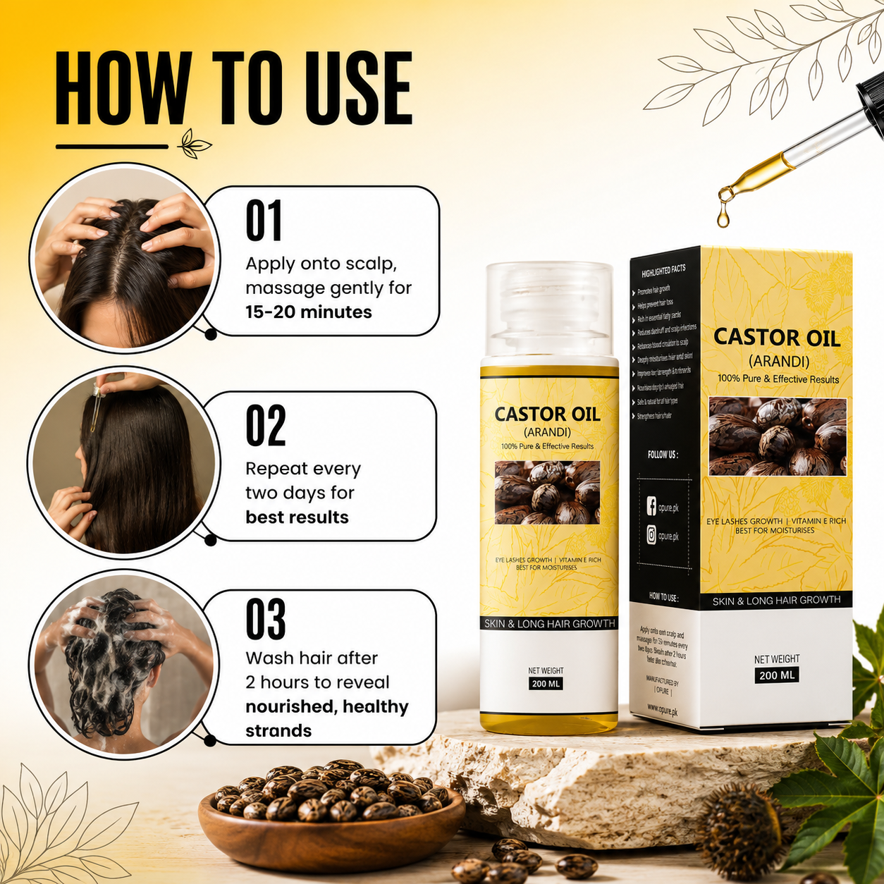 Opure Castor Oil (Arandi) – 100% Pure & Effective for Skin & Long Hair Growth (200ML)