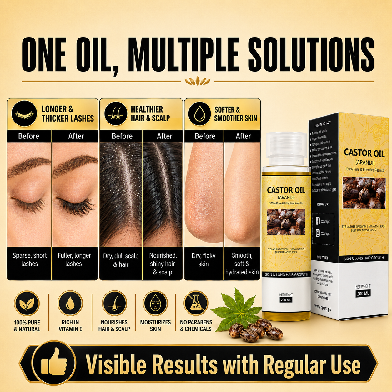Opure Castor Oil (Arandi) – 100% Pure & Effective for Skin & Long Hair Growth (200ML)
