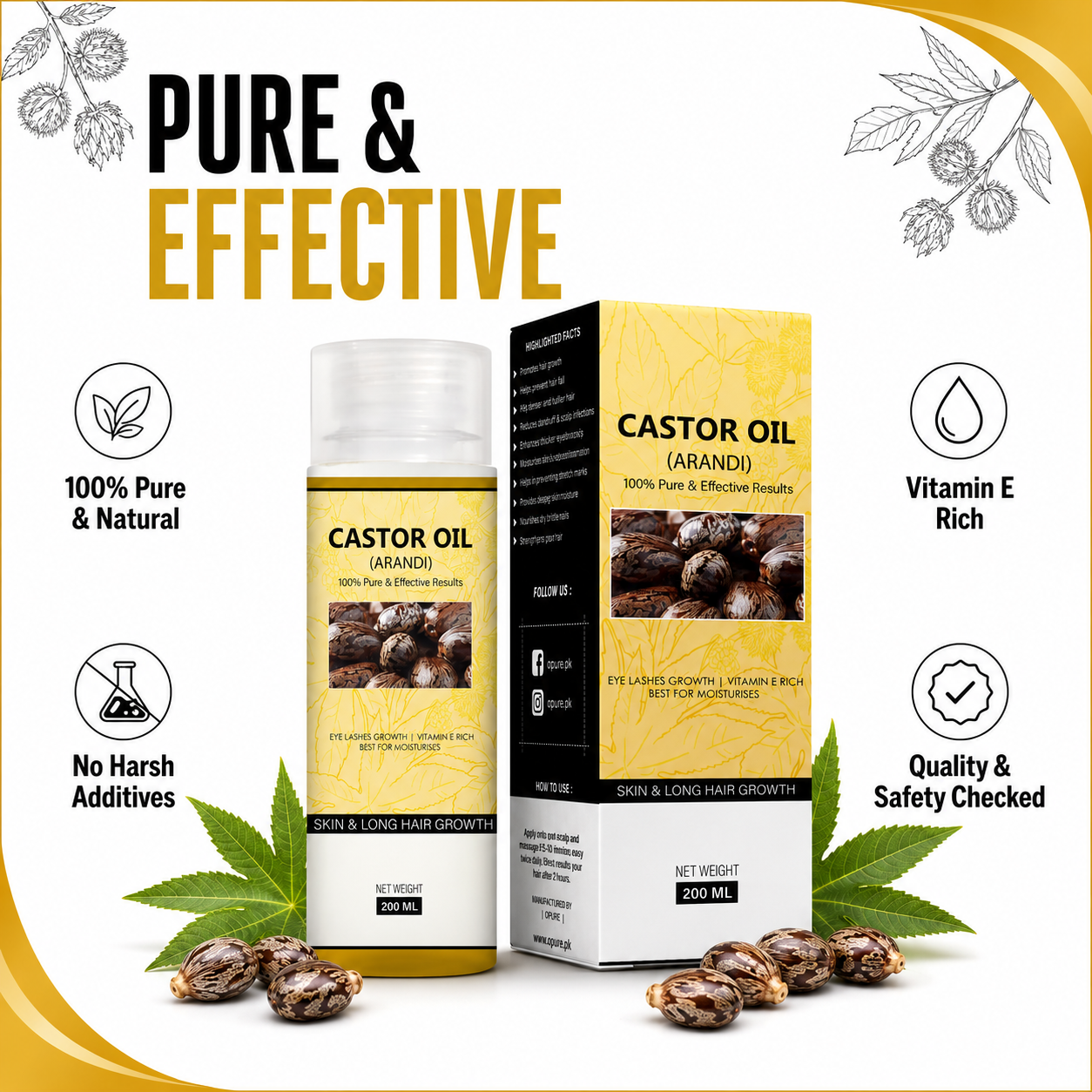 Opure Castor Oil (Arandi) – 100% Pure & Effective for Skin & Long Hair Growth (200ML)