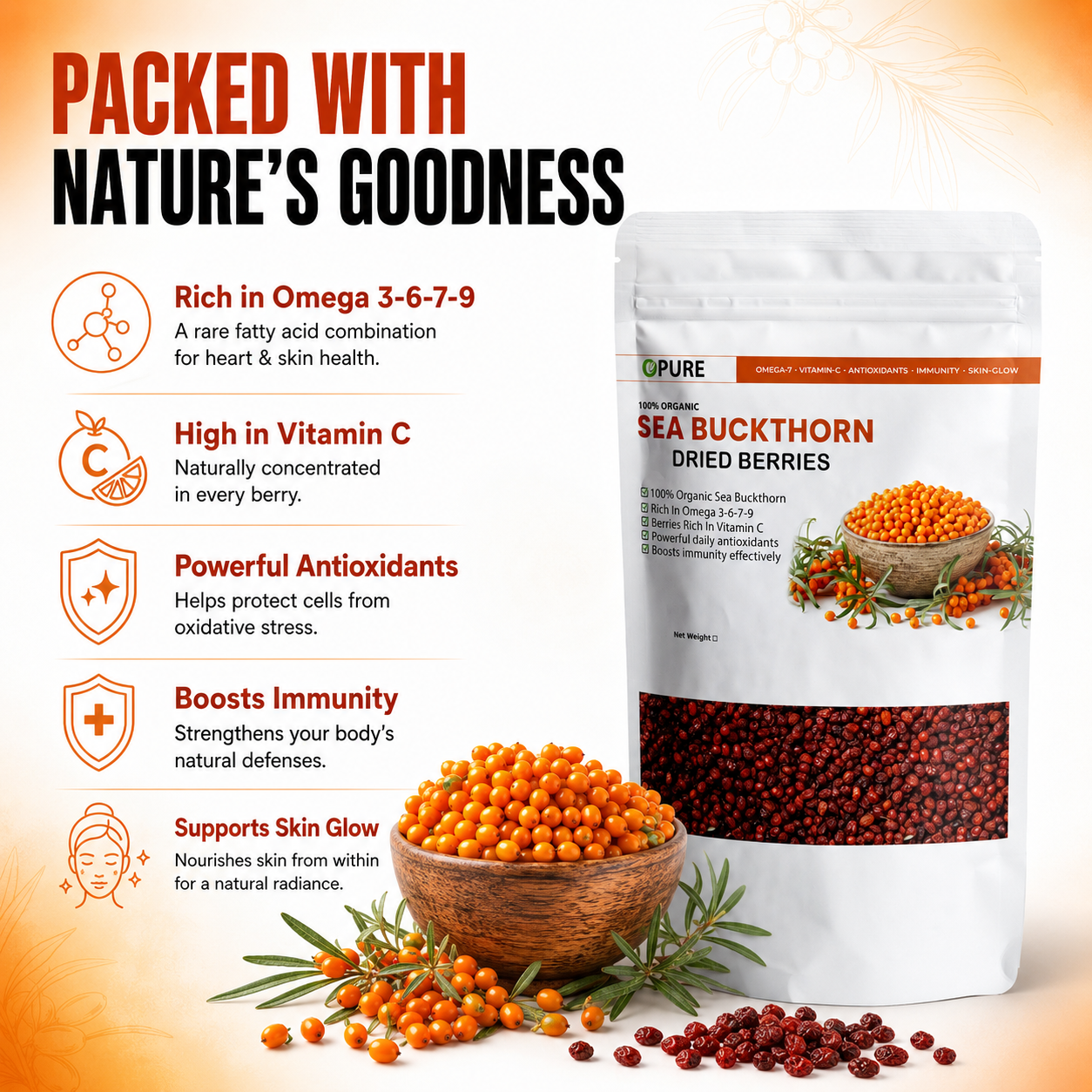 100% Organic Sea Buckthorn Dried Berries – Rich in Omega 3-6-7-9, Vitamin C & Antioxidants
