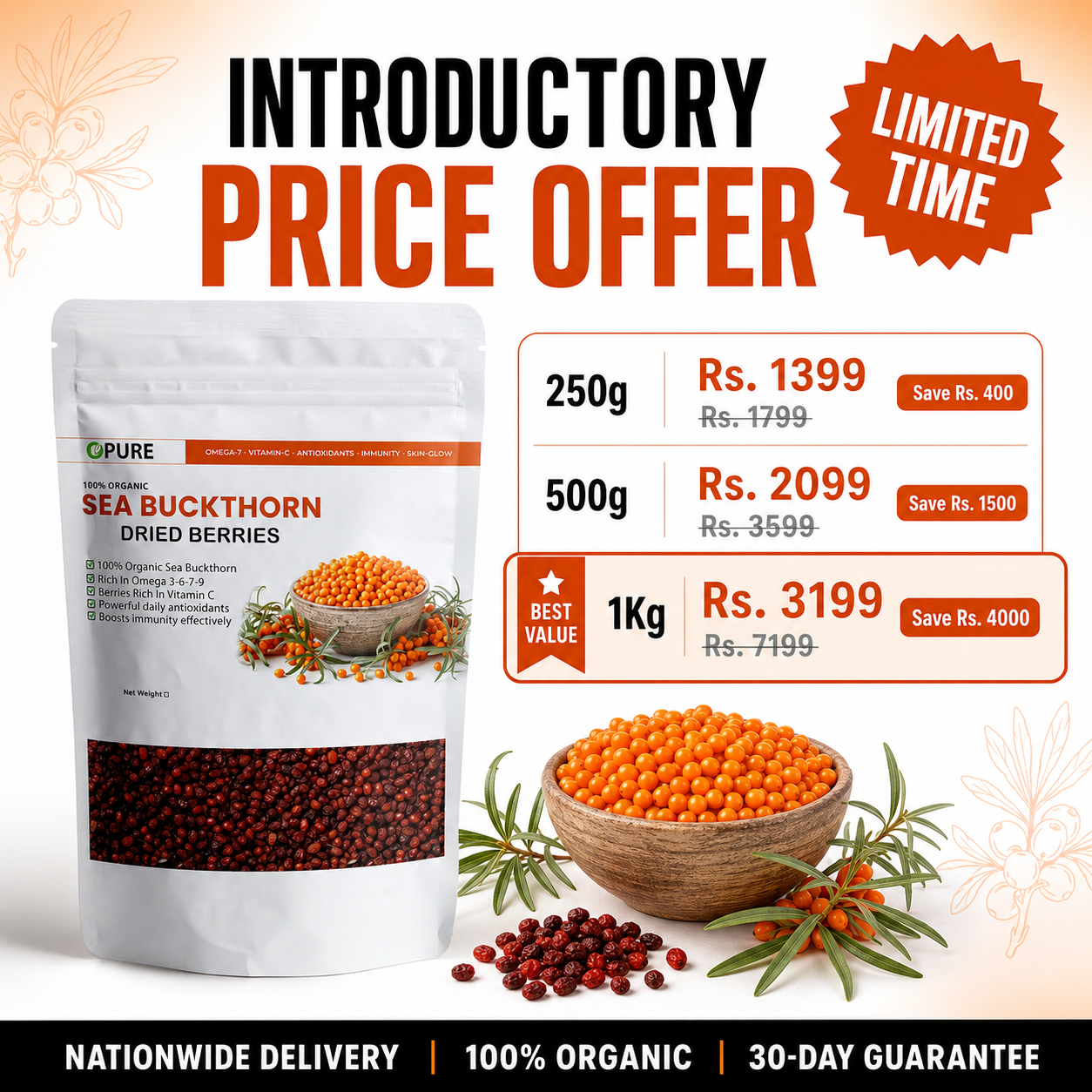 100% Organic Sea Buckthorn Dried Berries – Rich in Omega 3-6-7-9, Vitamin C & Antioxidants