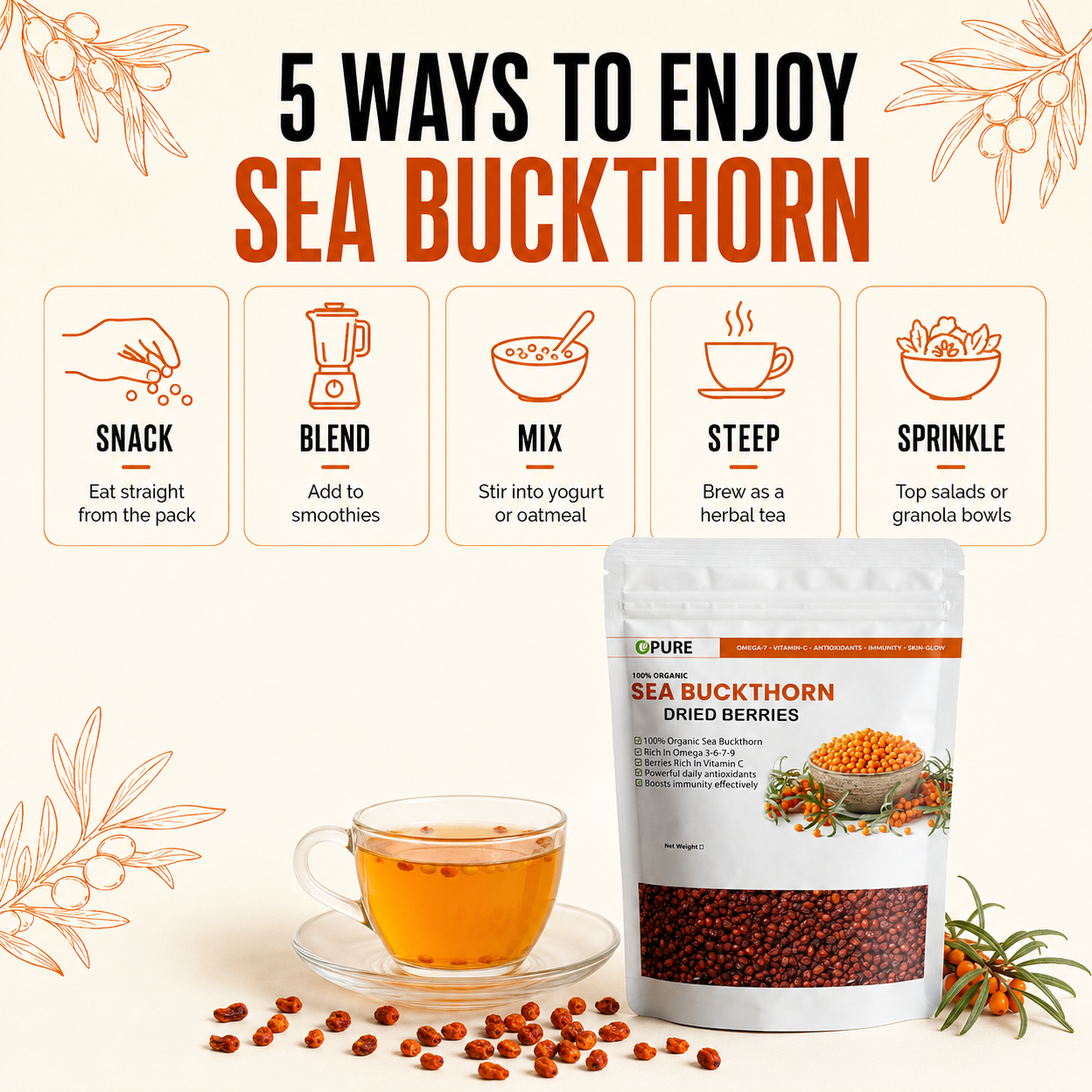 100% Organic Sea Buckthorn Dried Berries – Rich in Omega 3-6-7-9, Vitamin C & Antioxidants
