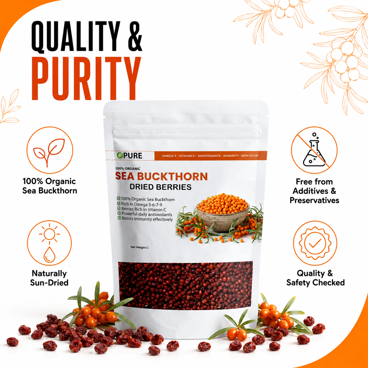 100% Organic Sea Buckthorn Dried Berries – Rich in Omega 3-6-7-9, Vitamin C & Antioxidants