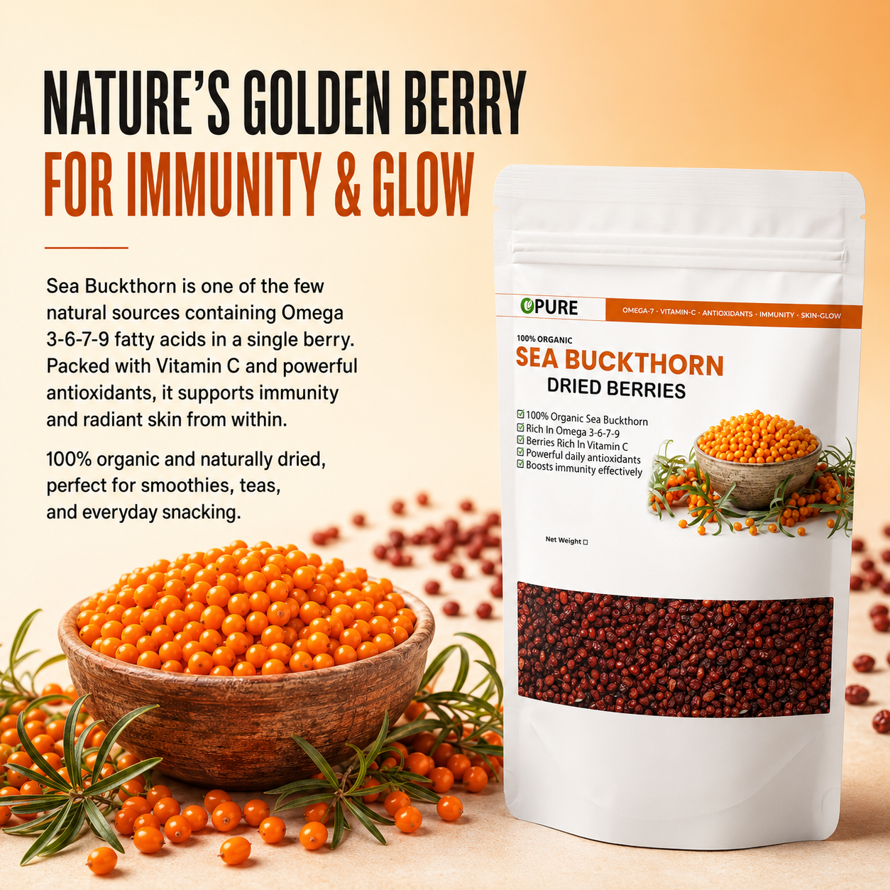 100% Organic Sea Buckthorn Dried Berries – Rich in Omega 3-6-7-9, Vitamin C & Antioxidants